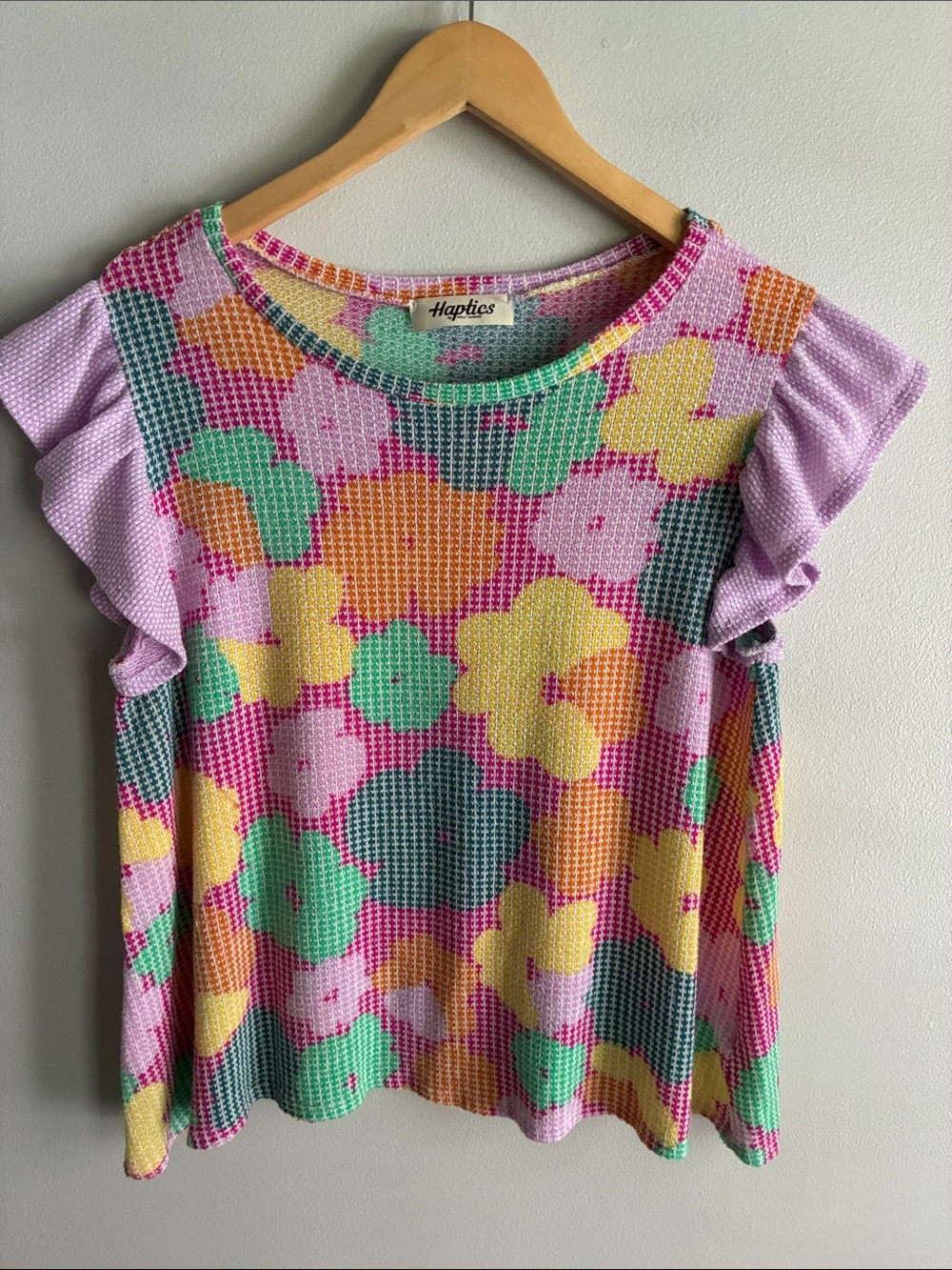 Haptics Floral Waffle Knit Flutter Sleeve Top Pink Multicolor Size Medium